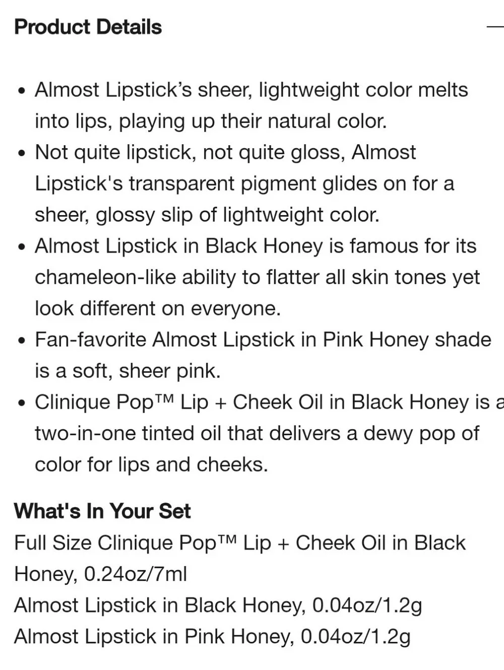 Clinique Trio — Black Honey Lip & Cheek Oil, Black & Pink Honey Almost Lipsticks